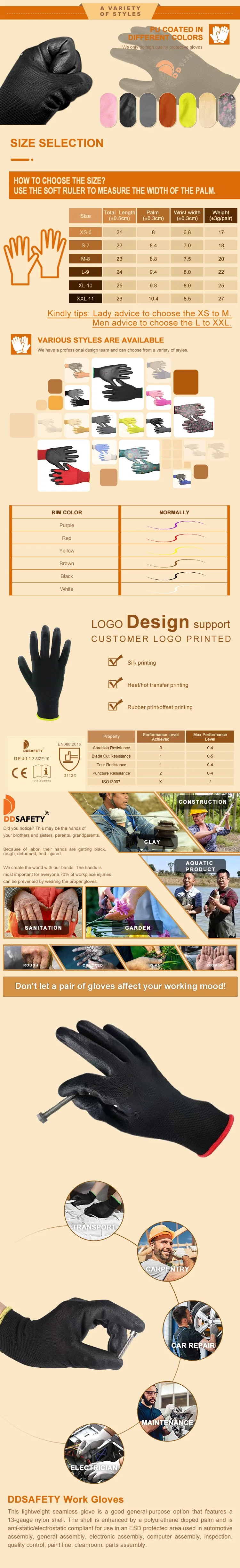 Custom ESD Anti Static PU Coat Ultra-Thin Safety Work Gloves, Polyurethane PU Coated Nylon Seamless Knit Glove Luvas Guantes CE 3121X