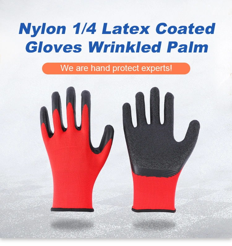 13 Gauge Factory Polyester Nylon Latex Crinkle / Wrinkle Coated Reusable Safety Work Gloves